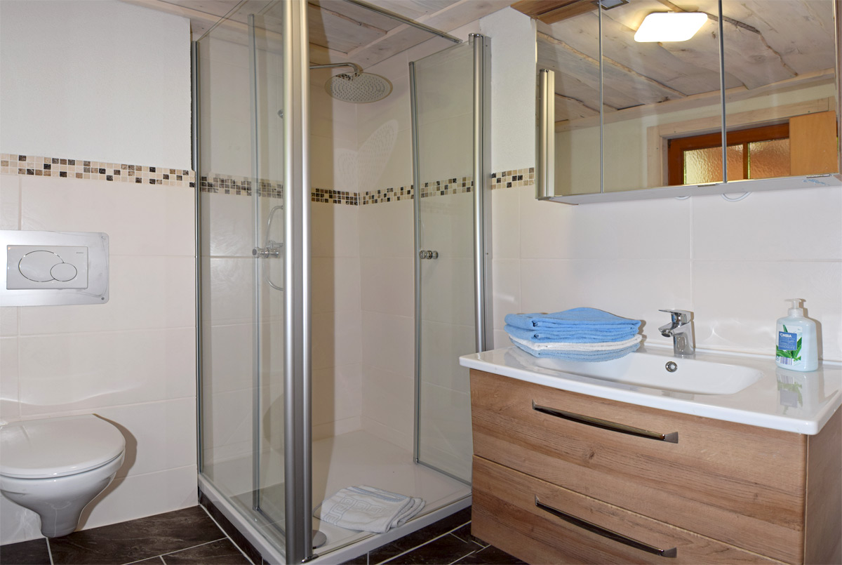 Helles Badezimmer mit Dusche und Fenster